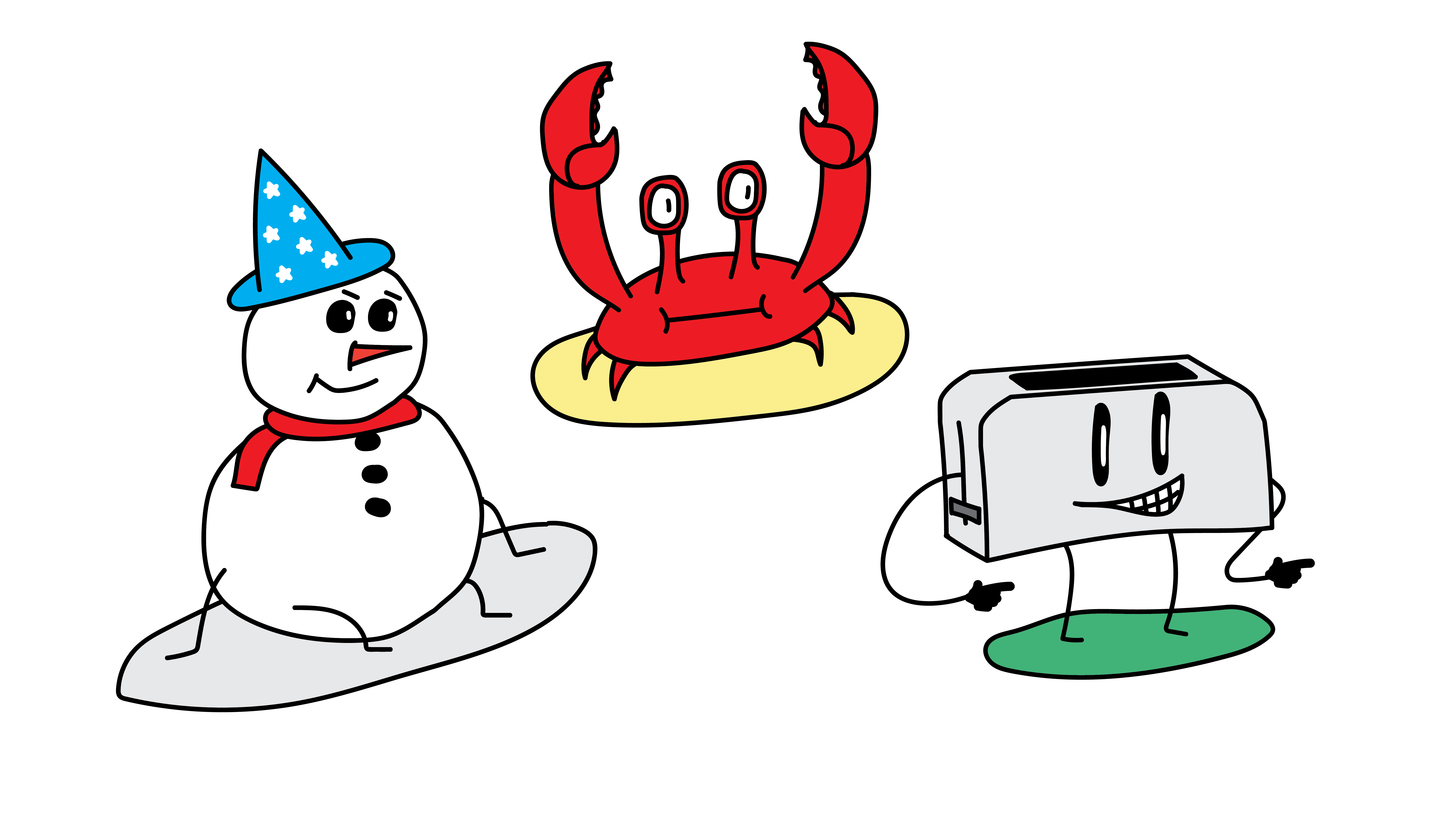 A wizard snowman, weird crab, and reborn toaster boy