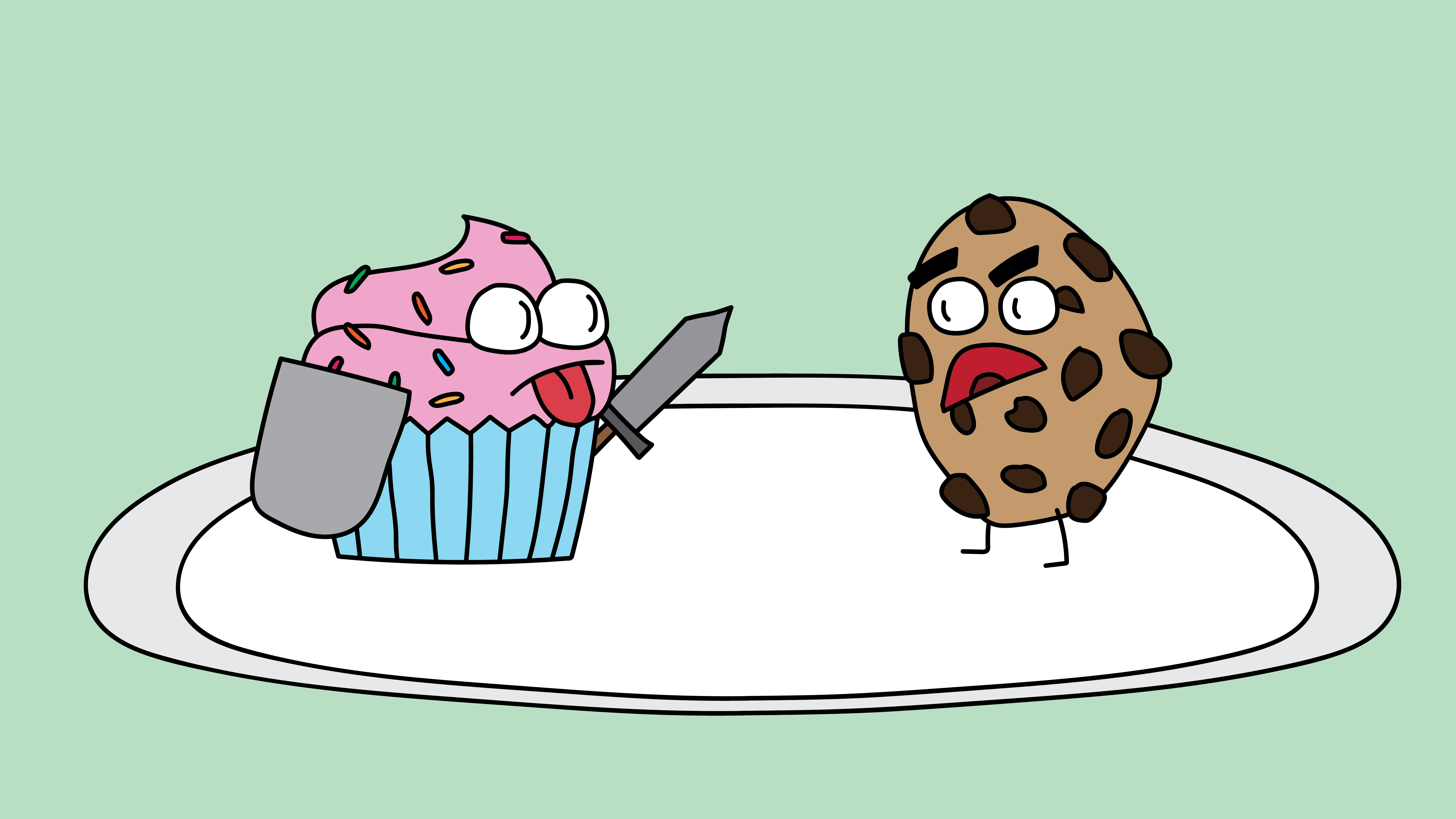 A cupcake fighting a cookie