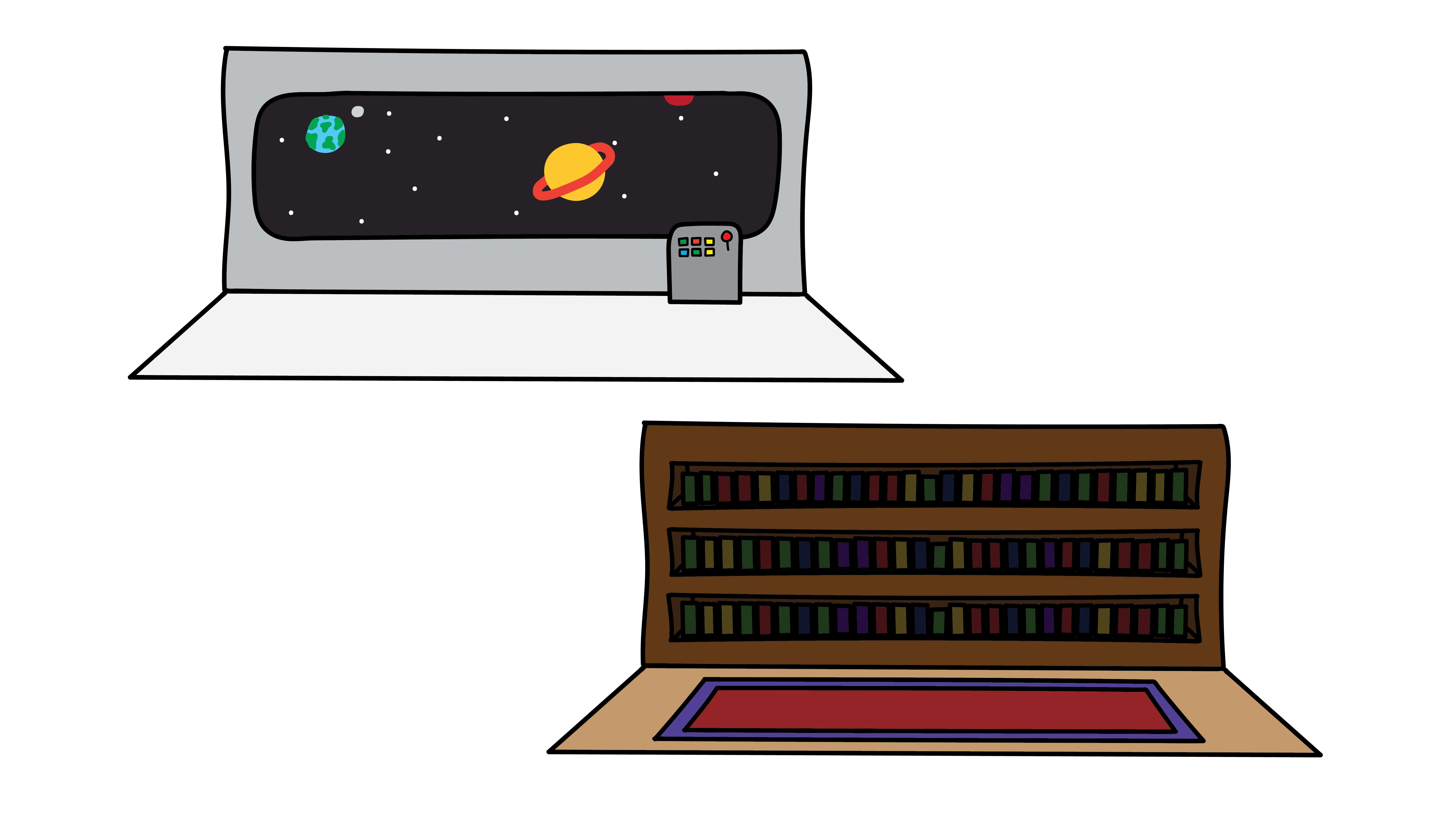 A sketch of a space ship and library setting